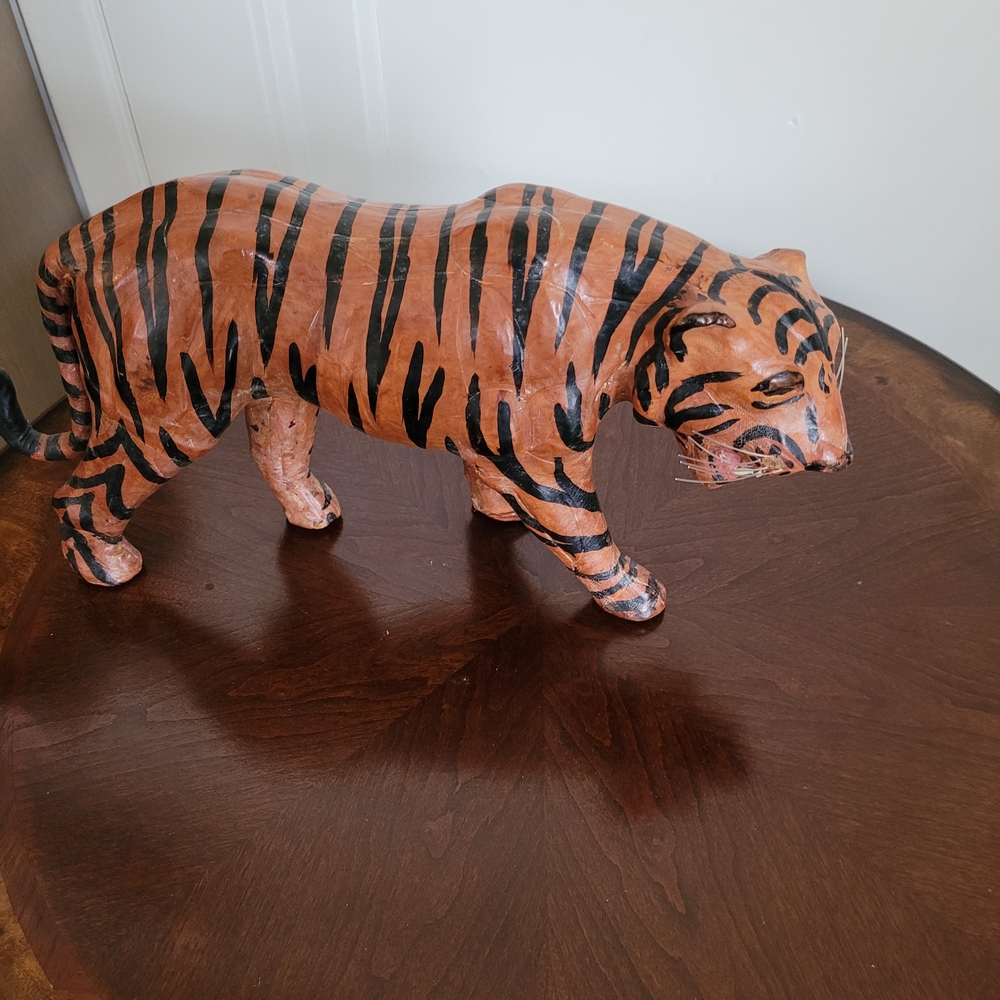 Vintage Leather Wrapped Tiger in Orange and Black - 7 Inches Tall